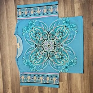 Michael Kors mosiac printed turquoise blue butterly sleeve blouse   Size Large.